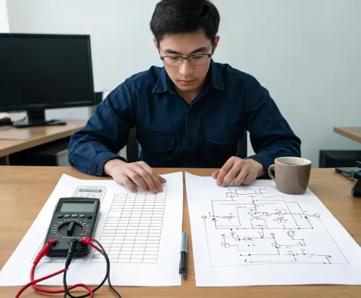 Application specialist reviewing multimeter specifications