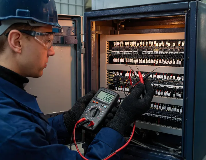 Technician using a Hioki digital multimeter at an industrial control panel
