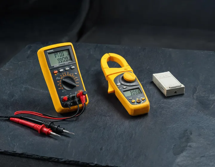 Hioki digital multimeter and calibrated test leads on an electrical diagnostics bench