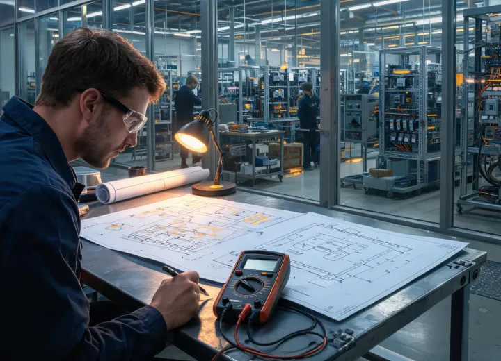 Electrical engineer reviewing multimeter drawings and nameplate data